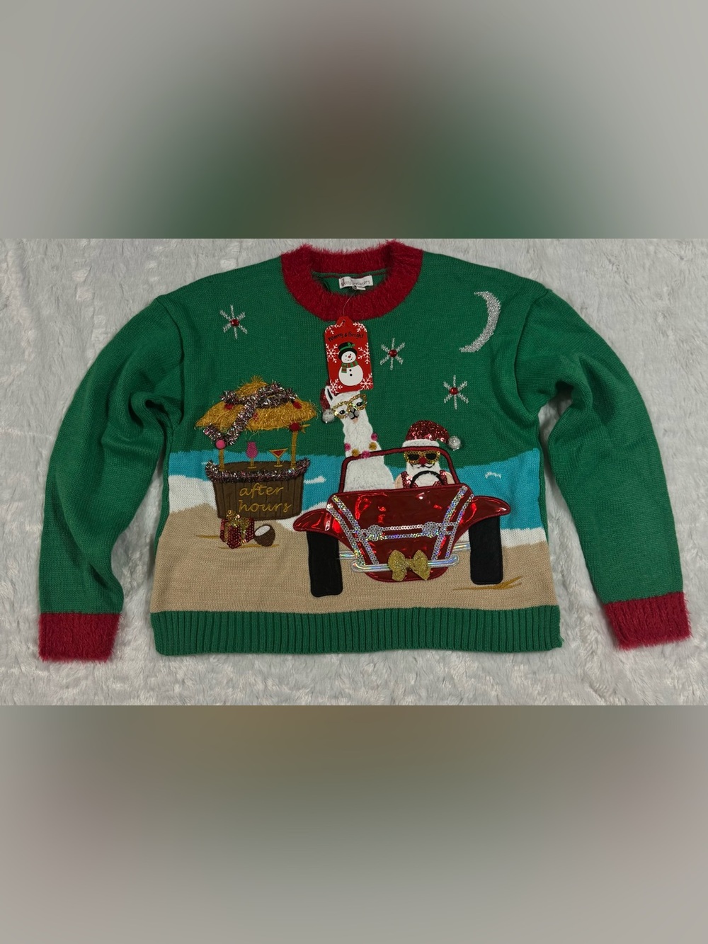 Jolly Sweaters NWT Green Sequin Holiday Crewneck Sweater with Red Trim by